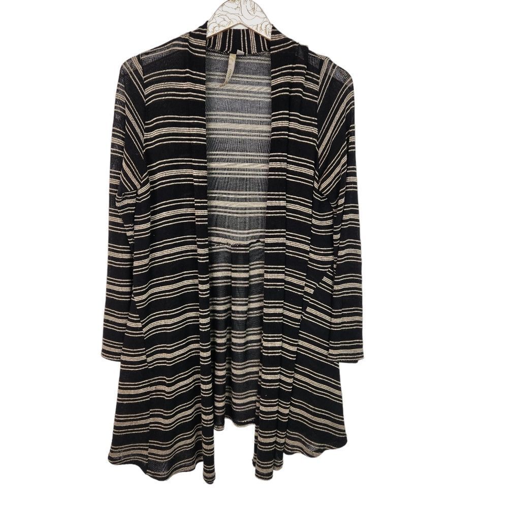 COMFY USA Sweater Womens Small Tan Black Open Front‎ Striped Cardigan COMFYUSA